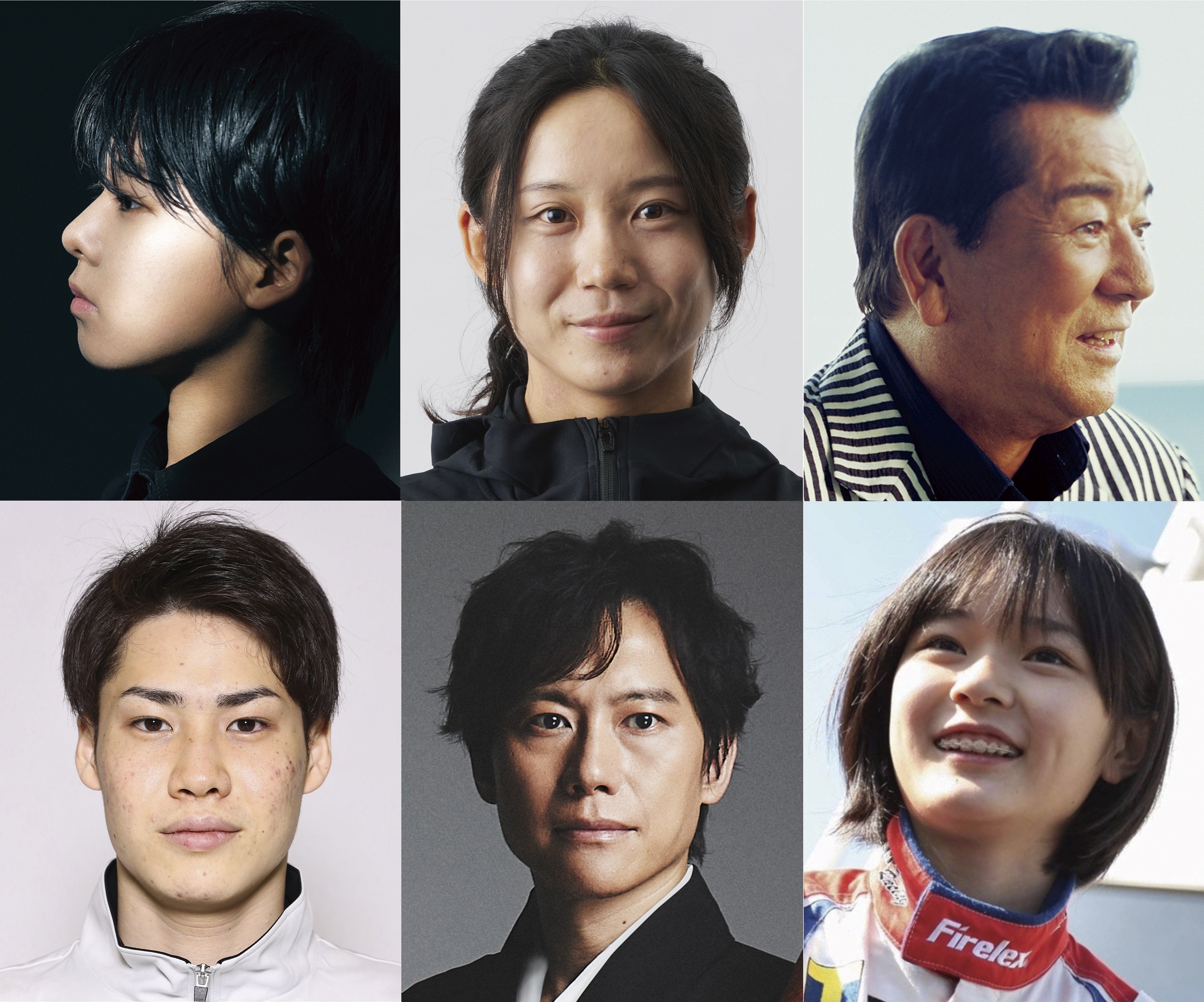 第5回服部真二賞受賞者　左上からYOYOKAさん、髙木美帆さん、加山雄三さん、梶原大暉さん、藤原道山さん、Jujuさん