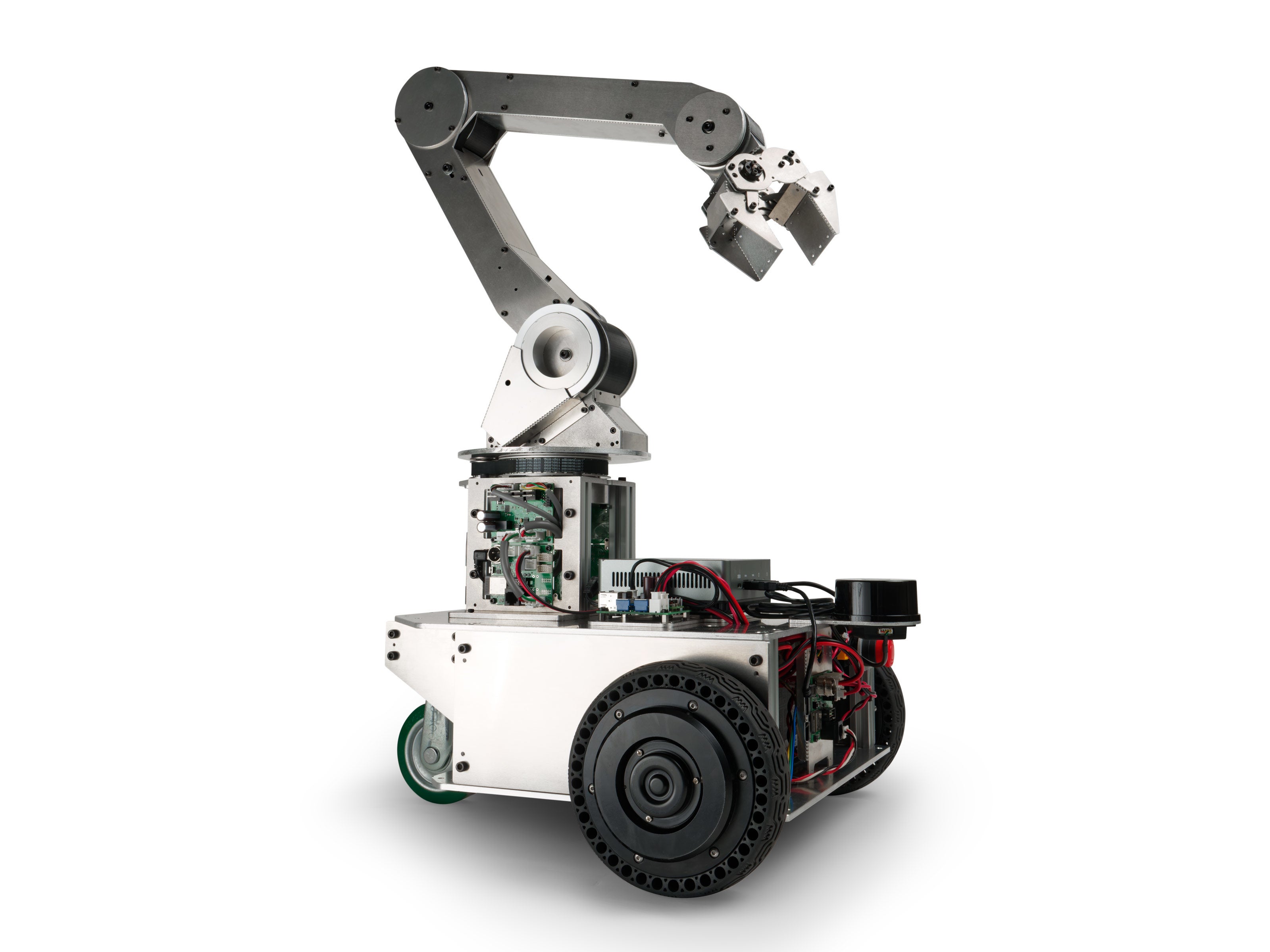 台車用ロボットアーム AMIR 740（別売の研究開発用台車ロボット「メガローバーF120A」への搭載例）