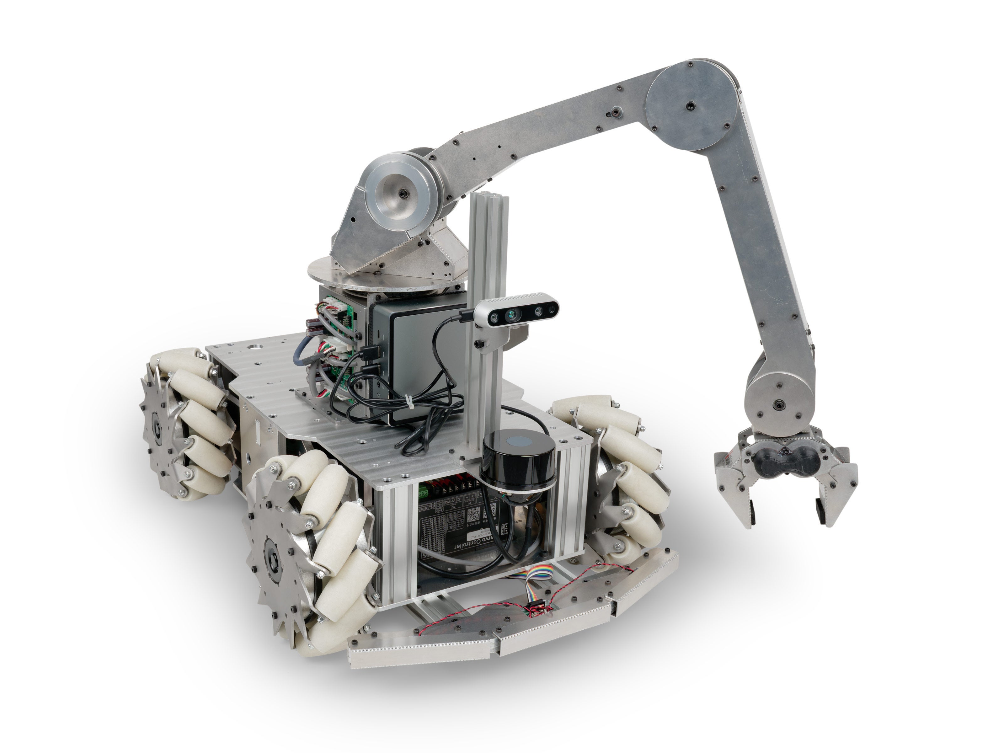 拡張機器搭載例 2 （LRFオプション（TG30）、ROS PC（UM350）オプション、拡張機器用電源基板VS-WRC054、バンパーオプション（前後）、 デプスカメラオプション、台車用ロボットアーム AMIR 740を搭載）