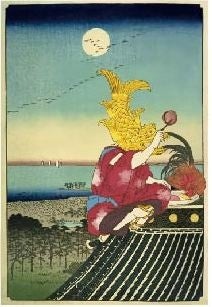 中部国際空港限定デザイン 愛知＝名古屋城の金鯱の浮世絵をもとにアレンジ。そばには名古屋コーチンを描き、地域の特色を出しました。金鯱と名古屋コーチンが名古屋城の上で楽しくマカロンを食べているというユーモアあるデザインです。