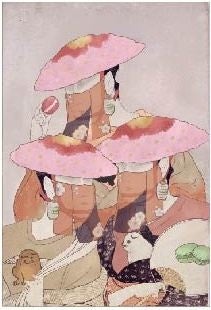 福岡空港限定デザイン 福岡＝博多美人にちなんで美人画をもとにデザイン。博多どんたくなどで使用される笠と、屋台を思わせる暖簾、筑後市で語り継がれている伝説の犬「羽犬」が描かれたTシャツを纏わせました。マカロンを手に持たせたり、団扇の柄に取り入れました。