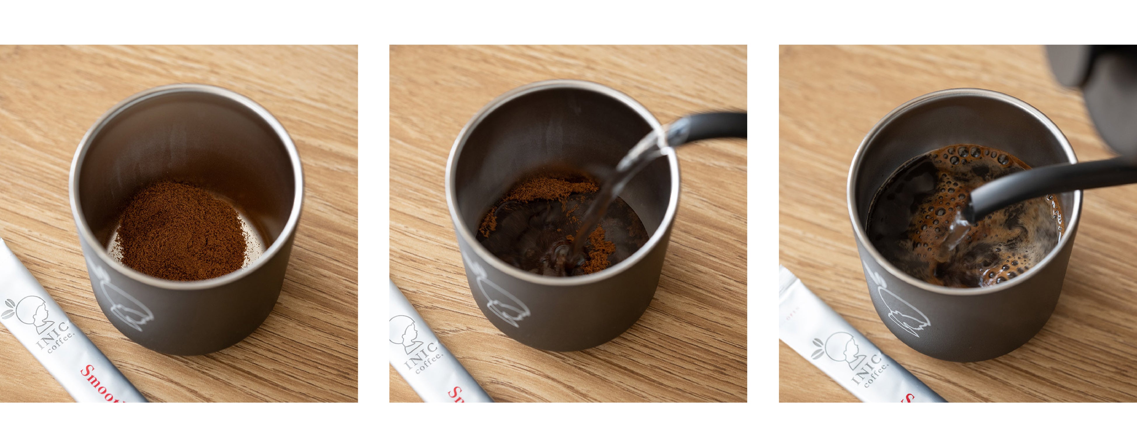 マドラーを使わなくてもお湯だけで溶けるイニックコーヒー。そのうえハンドドリップで淹れたような本格的な味わいと香りを楽しめます。
