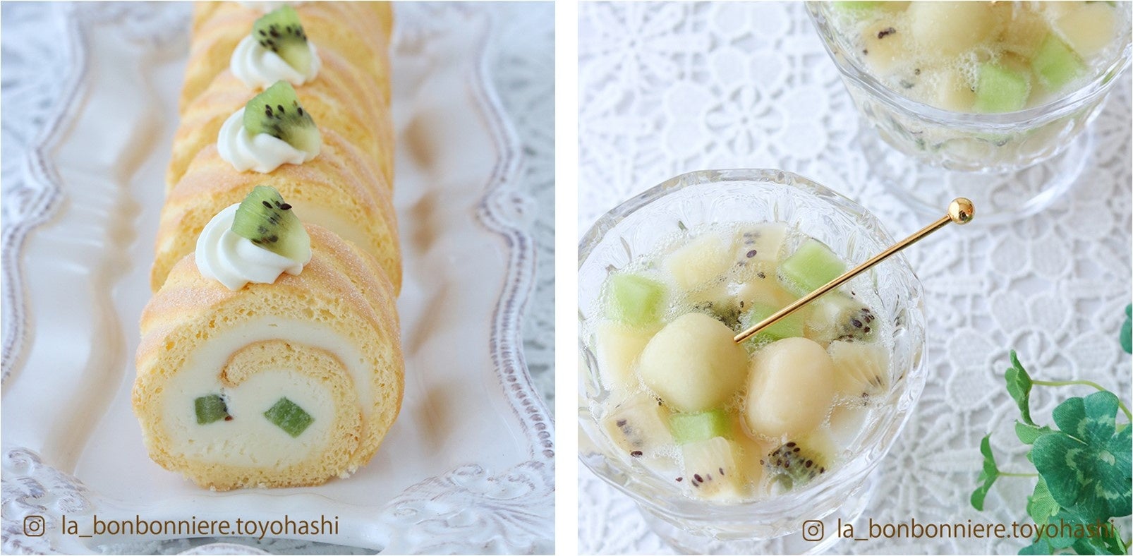 レアチーズクリームにゴールドキウイパウダーを混ぜ合わせたロールケーキ(左)と2種類のキウイパウダーを練り込んだ白玉のフルーツポンチ(右)