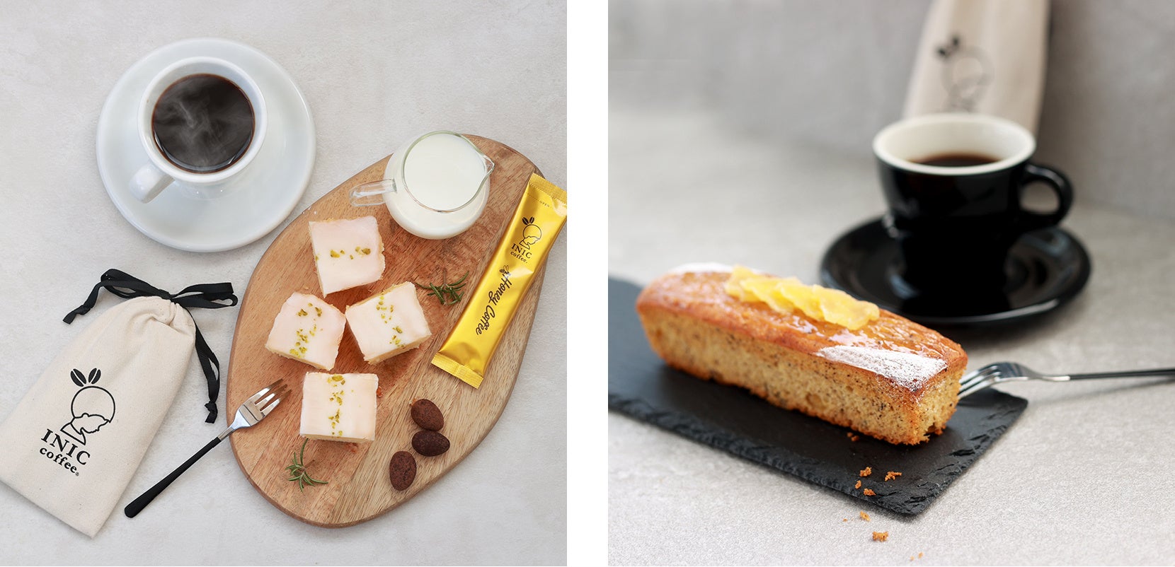 左／No.3ボックスは、フルーティーなレモンとしっとり生地が絶品のレモンケーキとアマンドショコラ、濃厚なハニーコーヒー＆秘密のコーヒーポーチ付き。右／最もお手軽なNo.4ボックスは、秋の訪れを感じる香り高いリンゴ紅茶ケーキと秘密のコーヒーポーチ付き