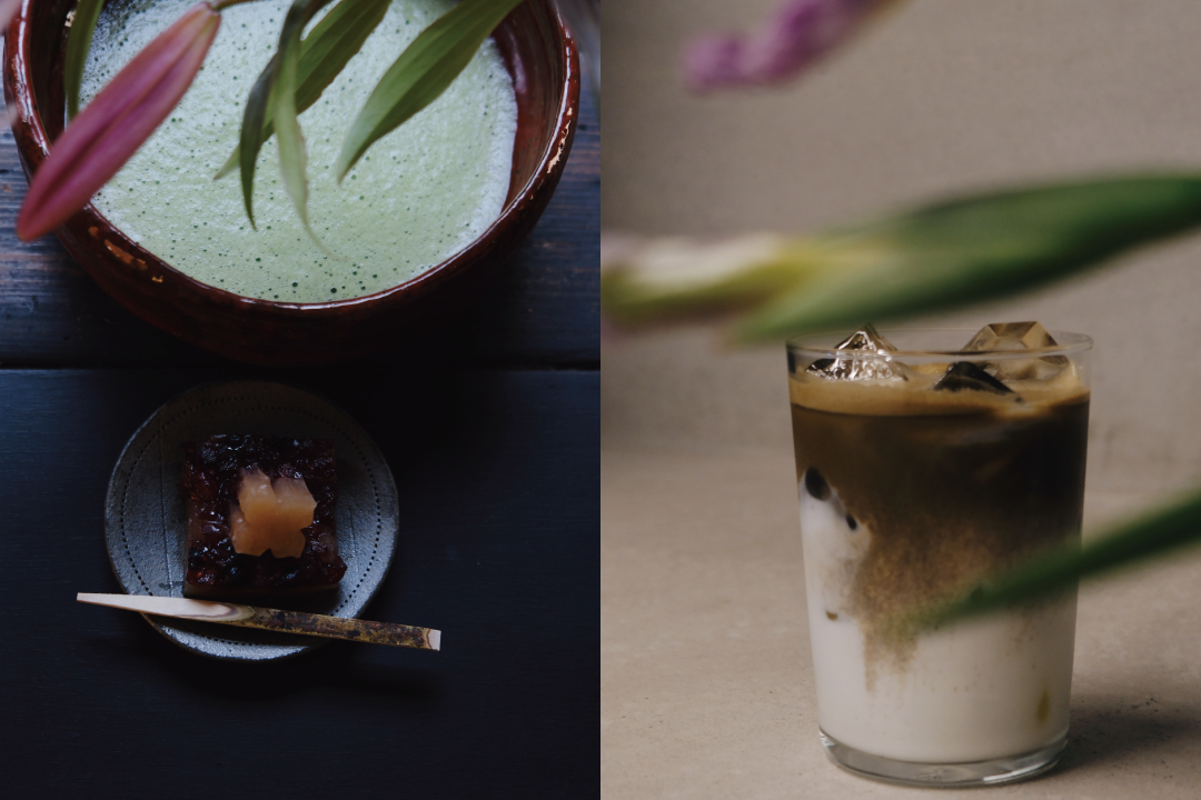 左)有機特上抹茶(お菓子付)　¥2,420(税込) 　右)有機和紅茶ラテ(HOT・ICE)  ¥880(税込) テイクアウト ¥864(税込)