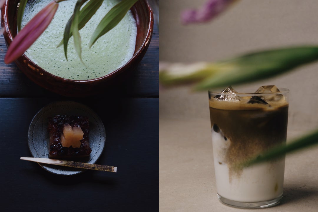 左)有機特上抹茶(お菓子付) ¥2,420(税込) 右)有機和紅茶ラテ(HOT・ICE) ¥880(税込) テイクアウト ¥864(税込)