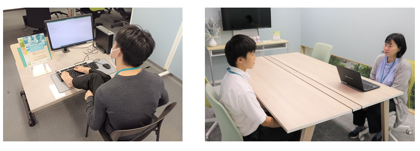 足を使ってPCを操作する写真（左）と担当サポートスタッフによる定期面談（右）