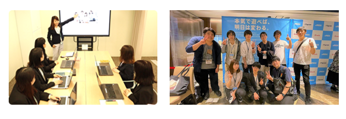 社内研修（左）とeスポーツ部の活動（「Pokémon UNITE 企業交流戦」にグループ企業と共に出場し優勝、右）