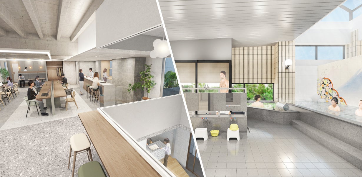 1階九谷焼タイル銭湯(サウナ付) 、2階カフェ&ワークラウンジ