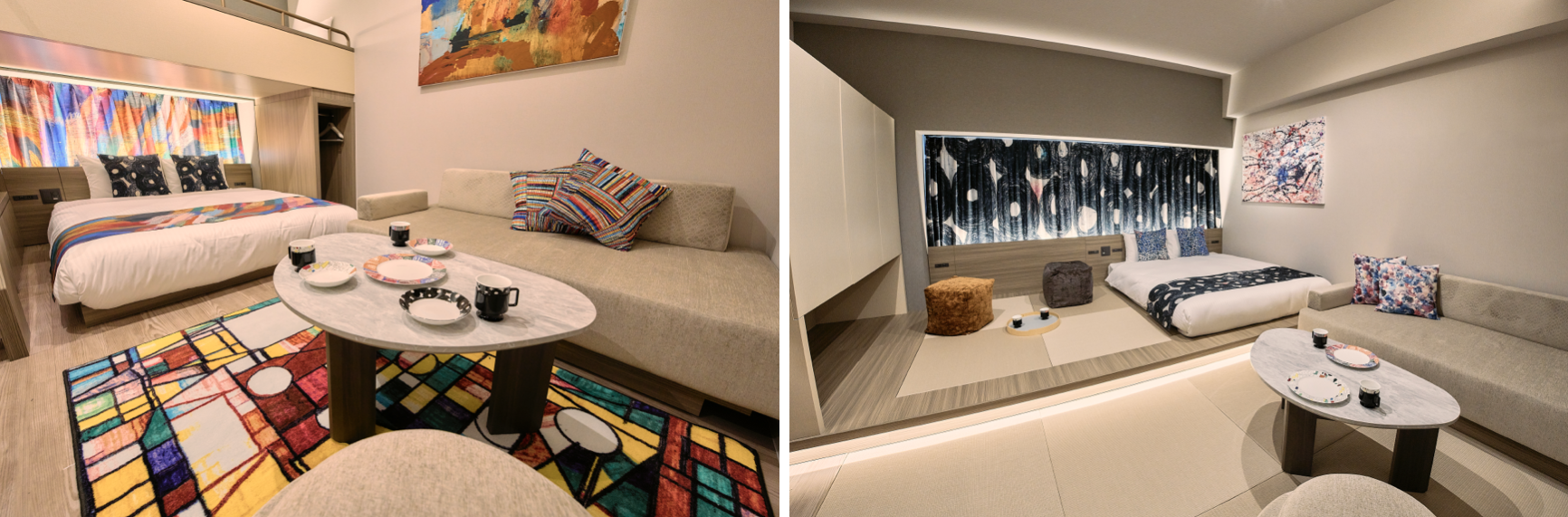 『FAV HOTEL 広島スタジアム』ヘラルボニールーム エグゼクティブバンク（写真左） 『FAV HOTEL 広島スタジアム』ヘラルボニールーム ジャパニーズモダン（写真右） 