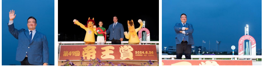 ミニトークショーの様子と優勝した藤岡佑介騎手とのフォトセッション