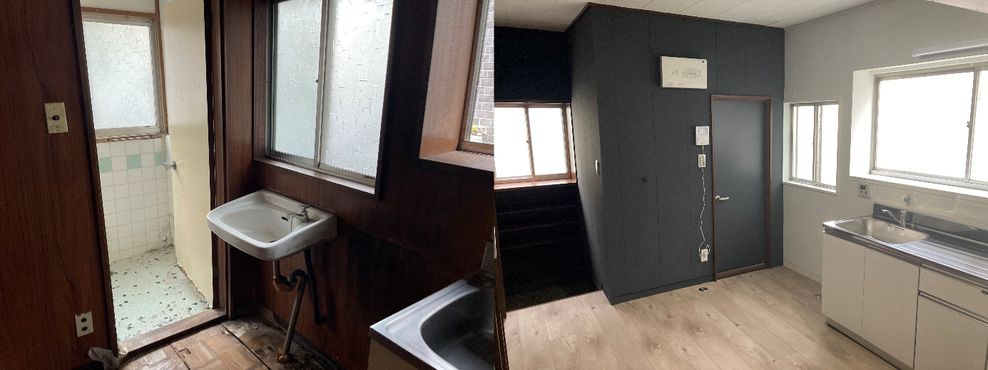 内観②　左：Before　右：After　奥の風呂があった場所は浴槽を撤去し、荷物置き場、バックヤードとして活用