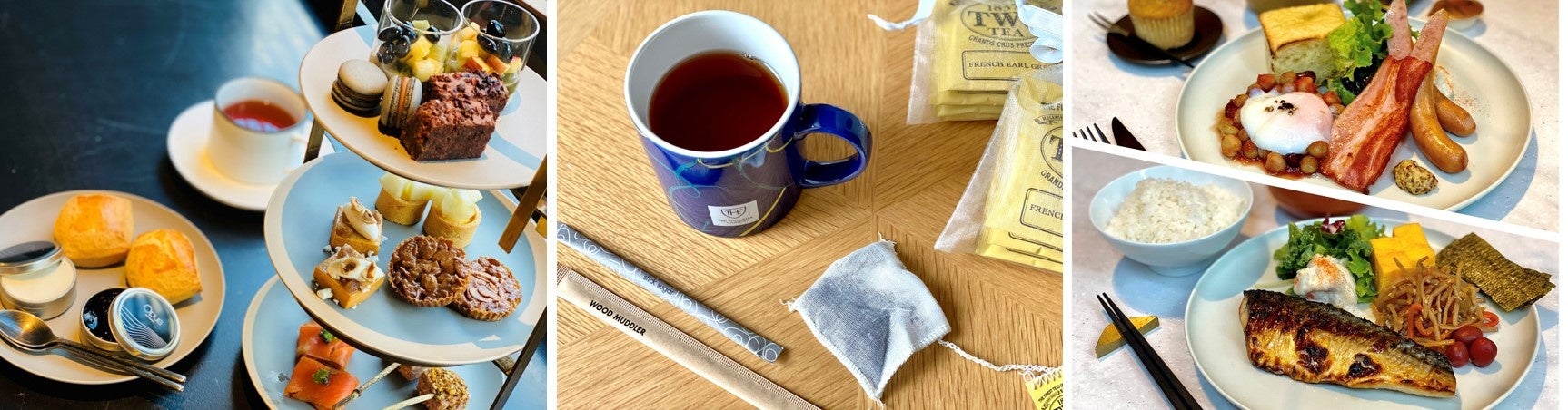 （写真左）ナイトアフタヌーンティーセット（写真中央）客室で優雅なTEA TIME（写真右）選べる朝食プレート
