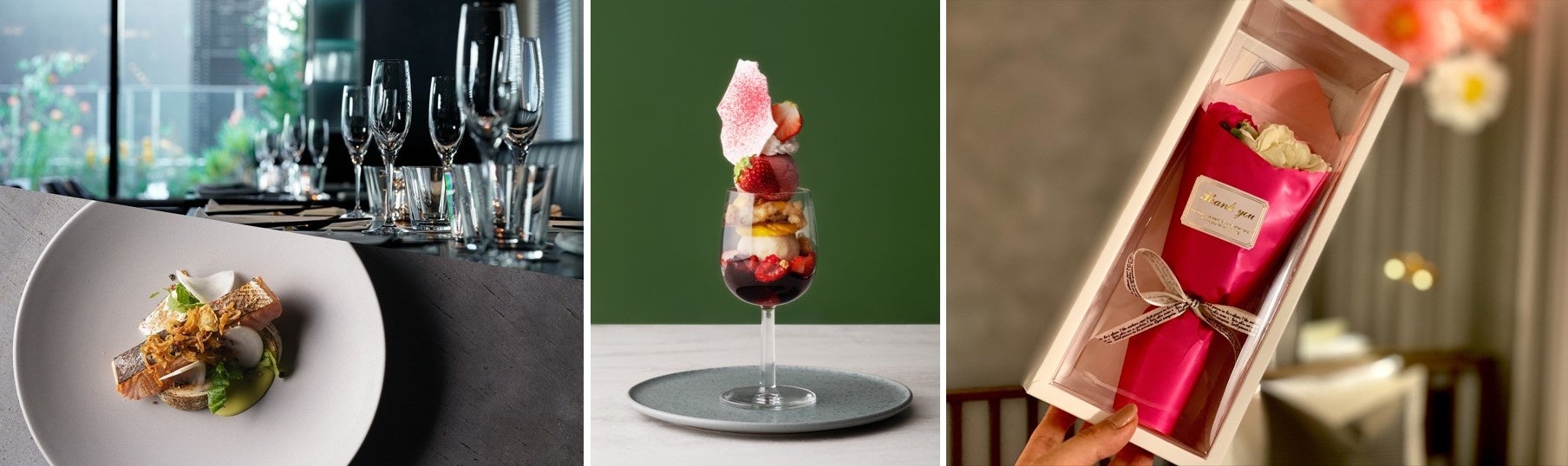 （写真左）選べるランチセット（写真中央）季節のフルーツパフェ（写真右）学生証提示でソープフラワーブーケをプレゼント