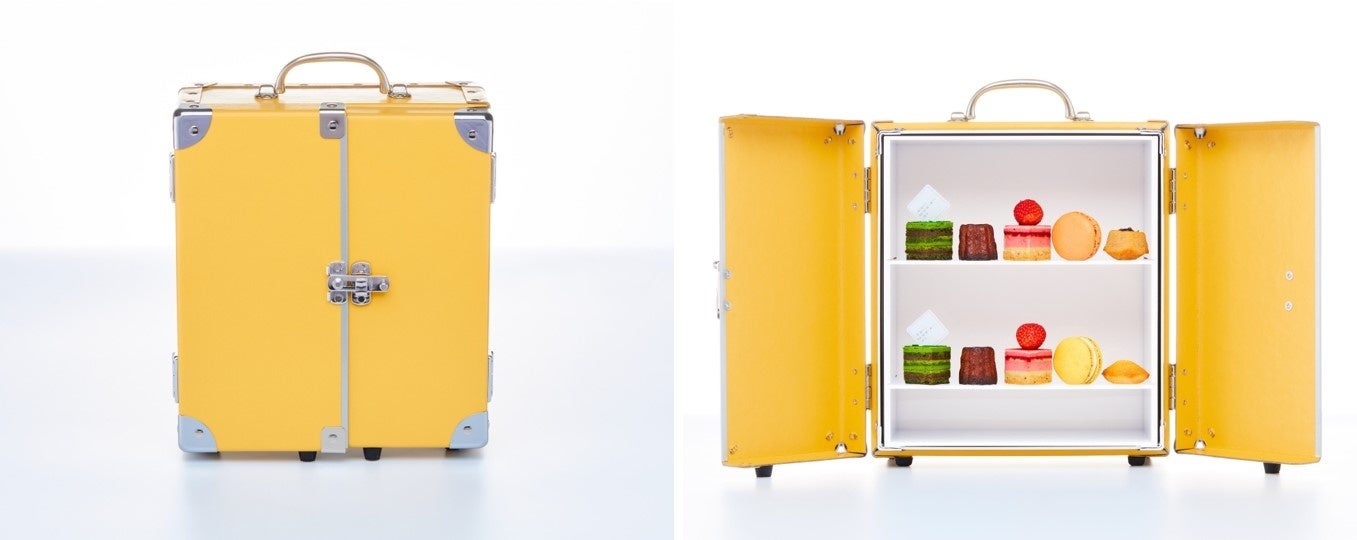 （写真左）外装にリサイクル古紙を使った繊維素材を使用（写真右）扉を開けると、「サダハル・アオキ・パリ」のスイーツ