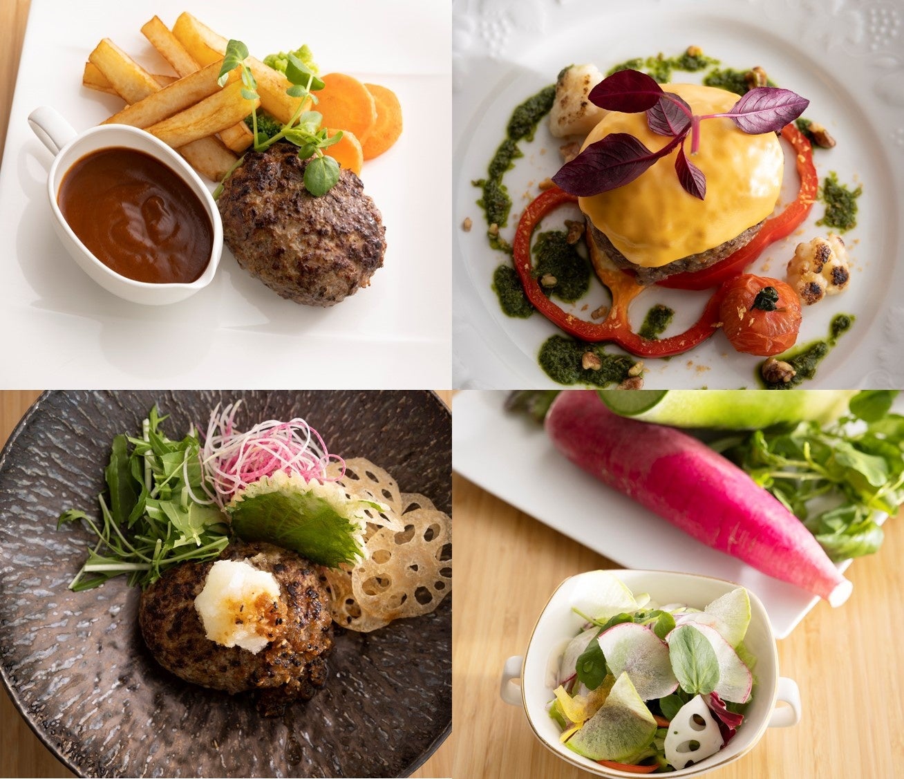 （写真左上）デミグラスソースハンバーグ （写真右上）チーズハンバーグ　バジルの香り （写真左下）レンコンの入った和風おろしハンバーグ （写真右下）​神奈川県産の野菜を使ったサラダ