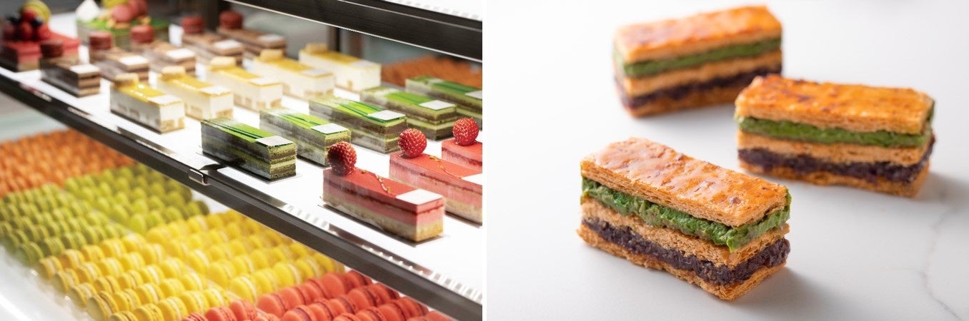 （左）色とりどりのスイーツが並ぶショーケース　（右）烏丸御池店限定の「ミルフォイユ ダイナゴン オ マッチャ」