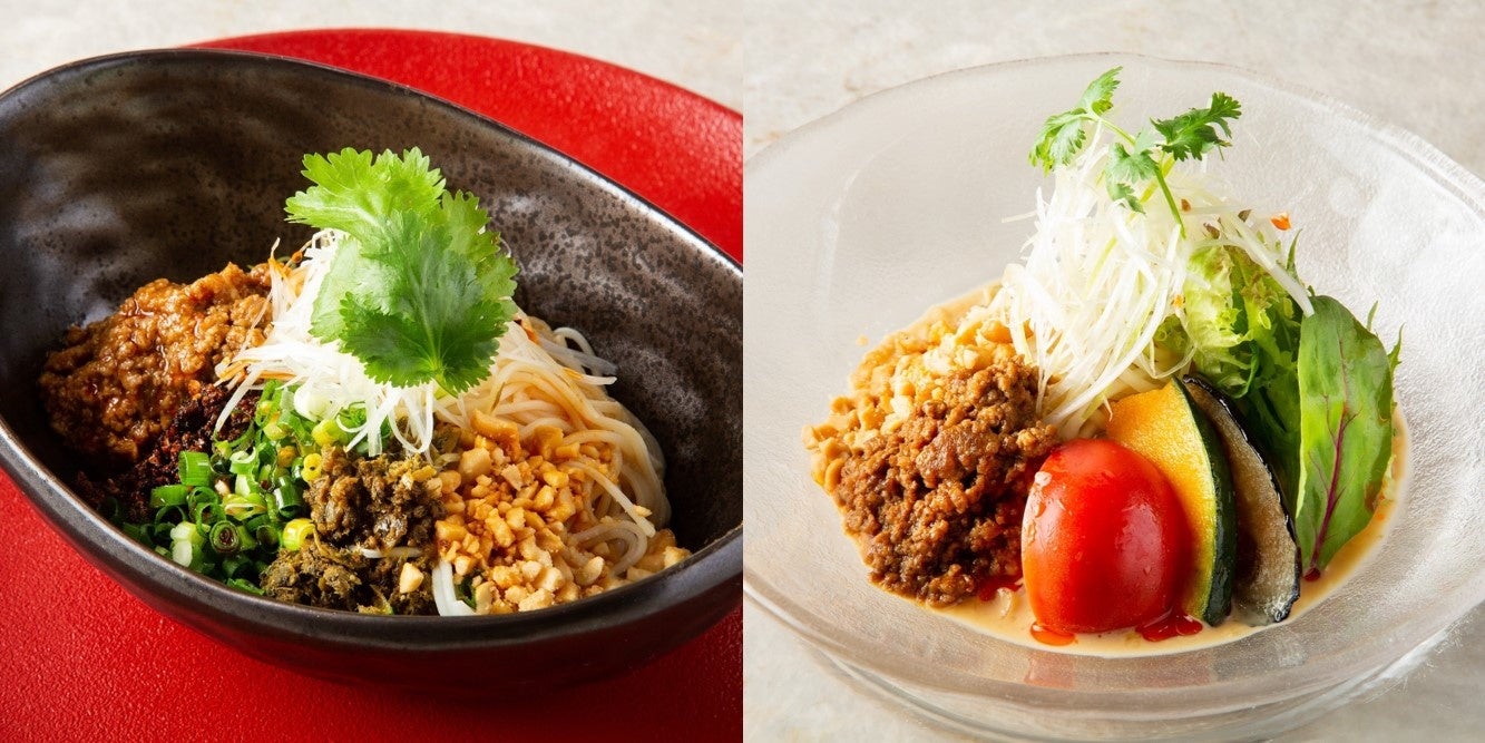 （写真左から）山椒が効いた“シビカラ”汁なし担々麺、まろやか豆乳担々麺