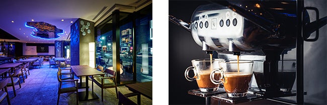 画像左)夜はチルアウトにもぴったりなキャンバスラウンジ 画像右)カフェインレスのコーヒーもご用意