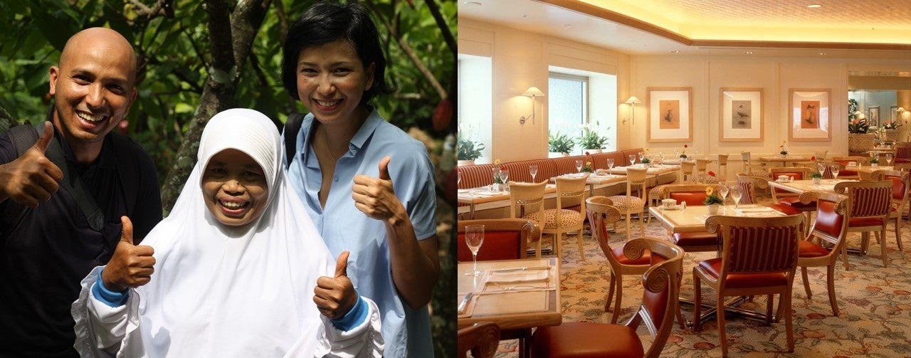 左：農園オンラインツアーでは、 農家の方とお話しいただけます。／右：イベント会場となる開放的なレストラン