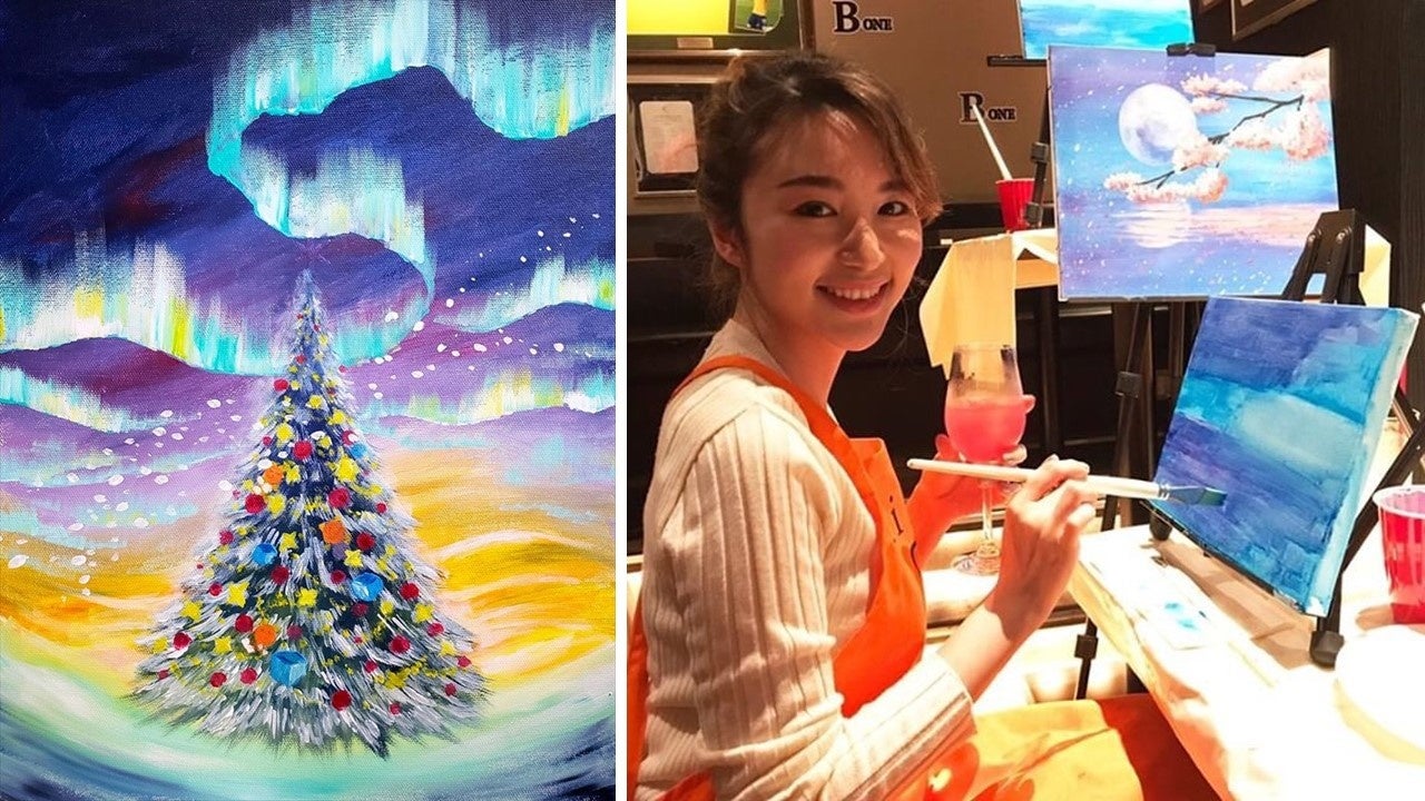 左）ペイントテーマ「Christmas」完成イメージ　　右）お酒を飲みながら楽しくペイントパーティー