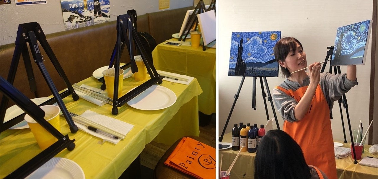 左）ペイント用具一式はご用意いたしますので手ぶらでご参加いただけます　　右）講師の方が丁寧にレクチャーいたします