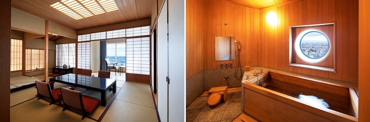 スカイリゾートフロア「ザ・クラブ」和室スイート 左)居間 右)お風呂