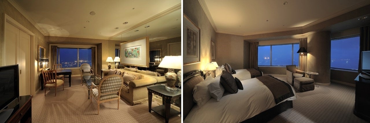スカイリゾートフロア「ザ・クラブ」エグゼクティブスイート 左)リビングルーム 右)ベッドルーム