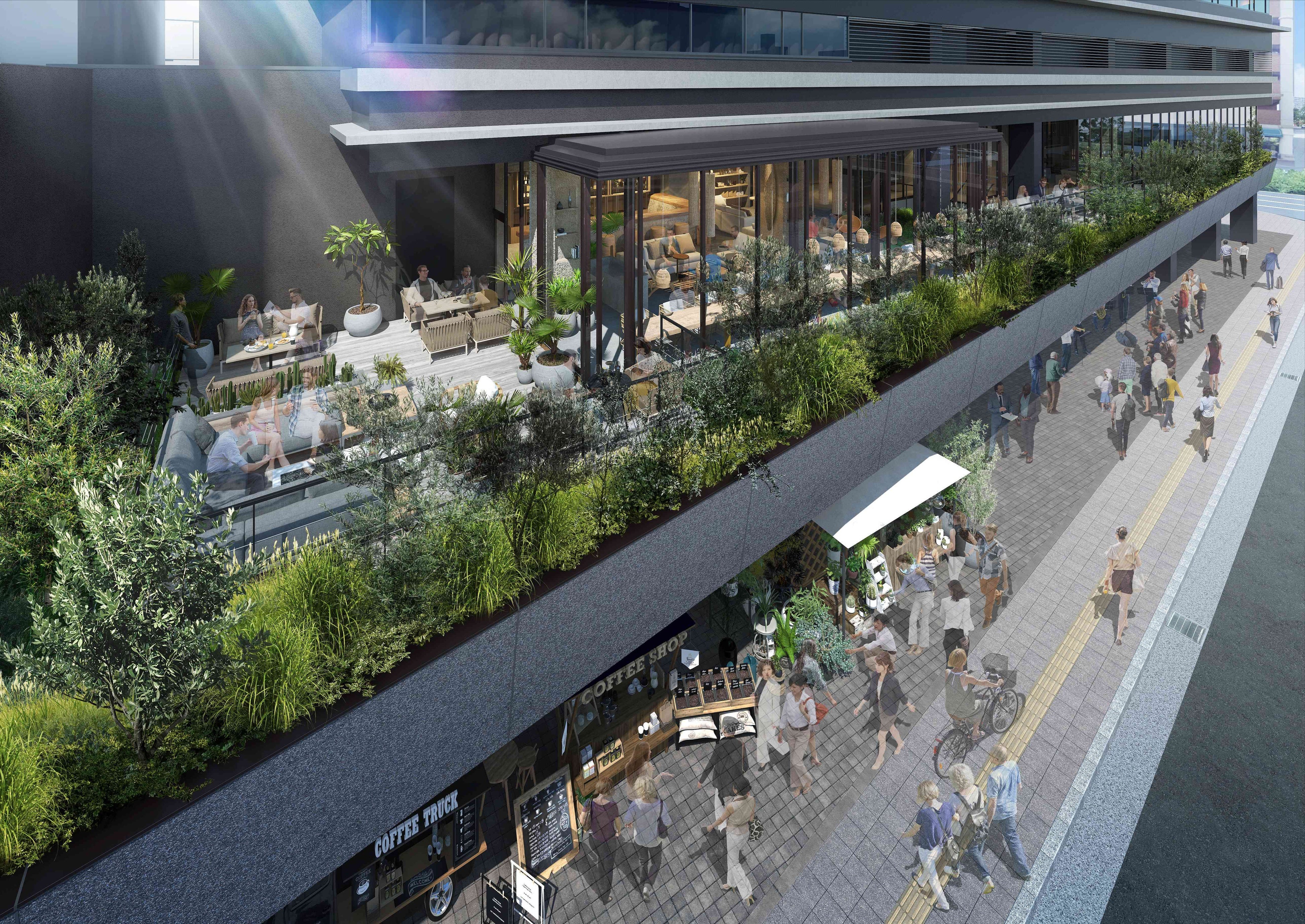 緑化バルコニーと公開空地のピロティ