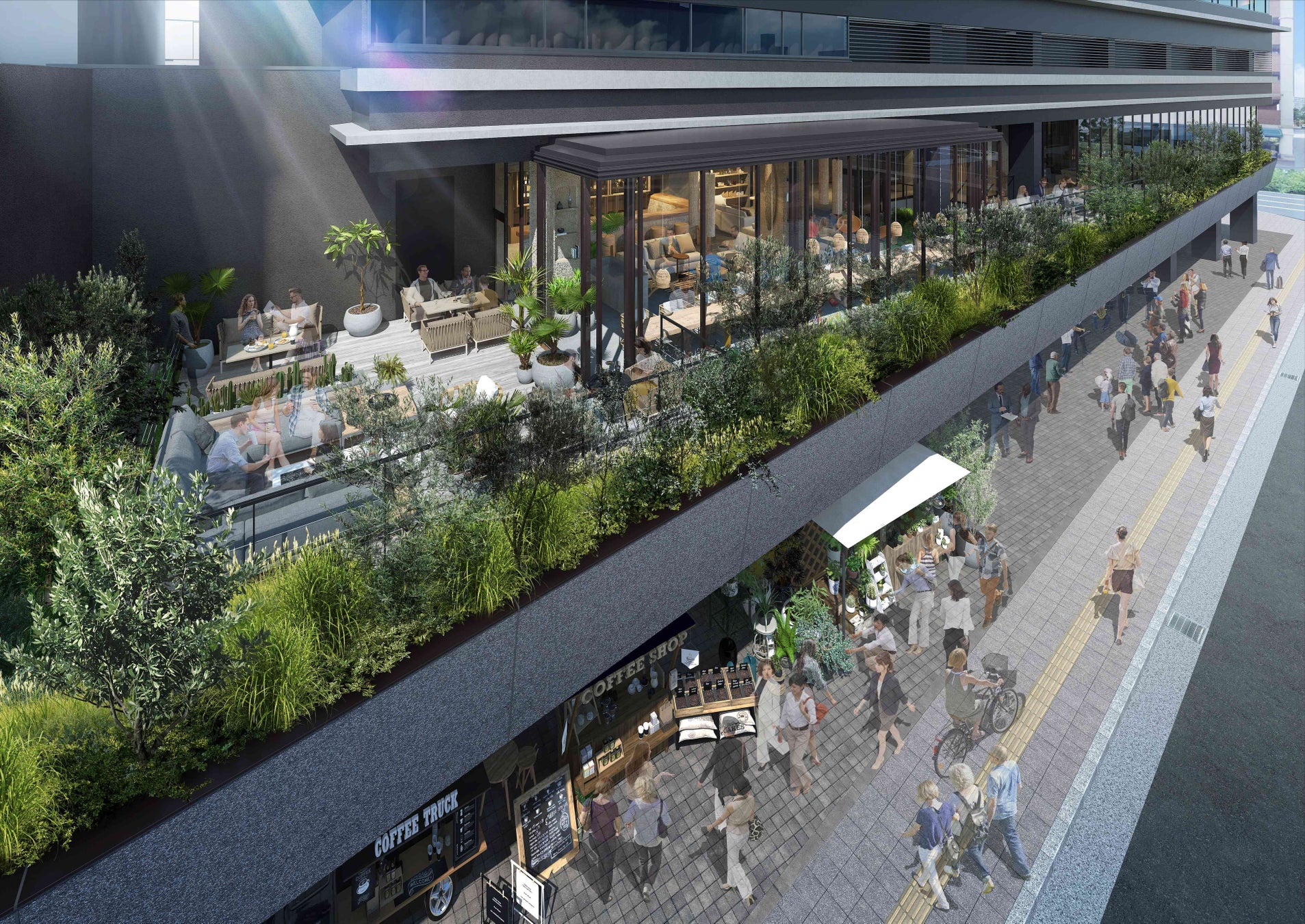 緑化バルコニーと公開空地のピロティ