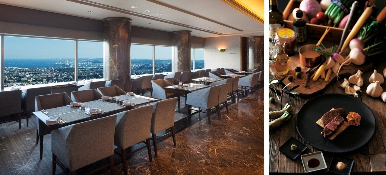 左）70階 スカイラウンジ「シリウス」店内　　　右）地下1階 鉄板焼「よこはま」5月・6月メニューイメージ