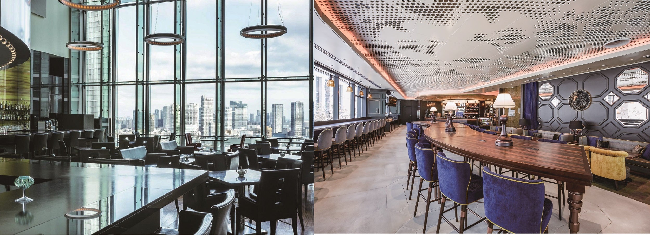 左【ザ ロイヤルパークホテル アイコニック 東京汐留】THE BAR 　 右【ザ ロイヤルパーク キャンバス 大阪北浜】キャンバスラウンジ