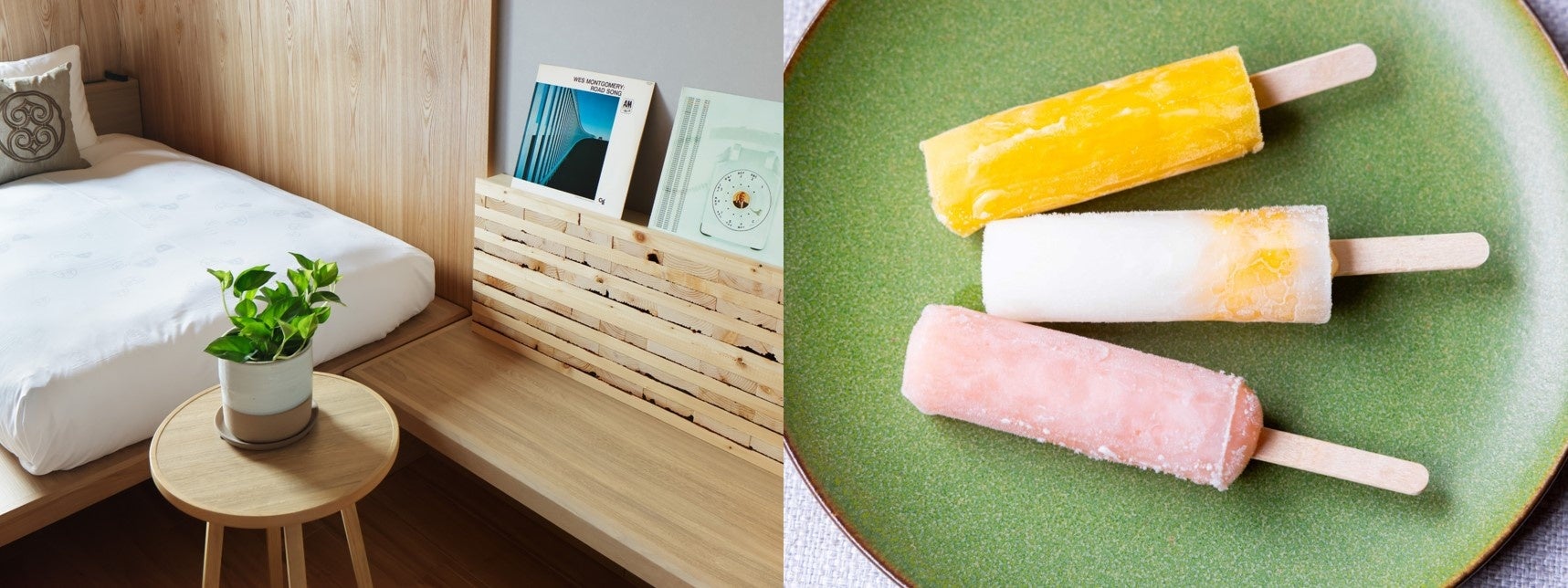 (左から)建築構造に使った北海道産木材の端材を活用した客室内ベンチ(ザ ロイヤルパーク キャンバス 札幌大通公園)、九州の農家で栽培された規格外フルーツを使ったフルーツアイスバー(ザ ロイヤルパーク キャンバス 福岡中洲)