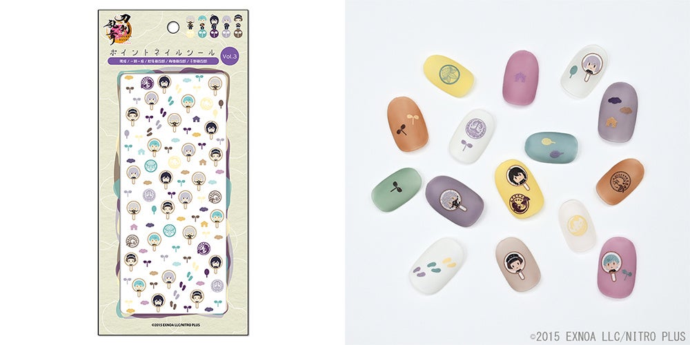 ▲刀剣乱舞ONLINE 御伴散歩 ポイントネイルシール Vol.3 (左から:パッケージ/使用イメージ)