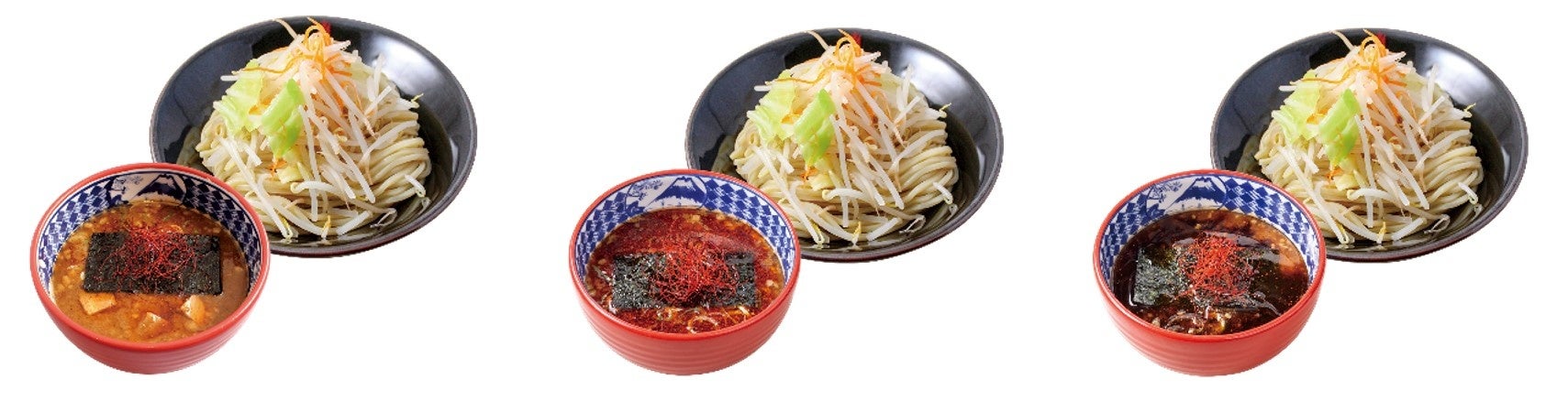 「(画像左より)「濃厚魚介味噌つけ麺」、「濃厚魚介“赤”味噌つけ麺」、「濃厚魚介“黒”味噌つけ麺」」