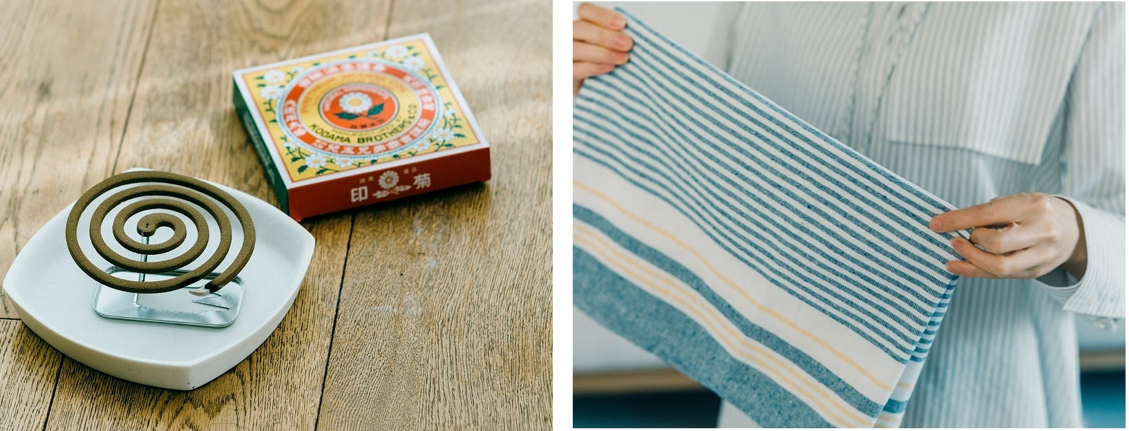 写真左：昭和時代のパッケージを復刻させたデザインも評価された虫除け線香「虫除け渦巻き煙香」、写真右：廃棄されるはずだったリサイクルコットン生地を再利用した「インド綿リサイクルコットンシリーズ」