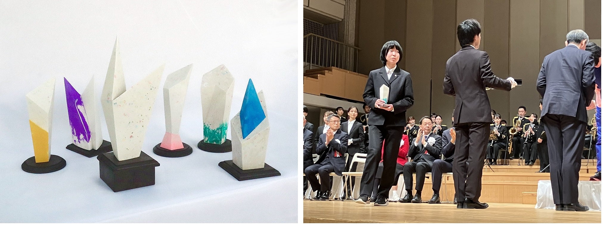 授与されたトロフィー［写真左］、表彰式でトロフィーを大切に運ぶ基町高等学校の生徒（左）［写真右］