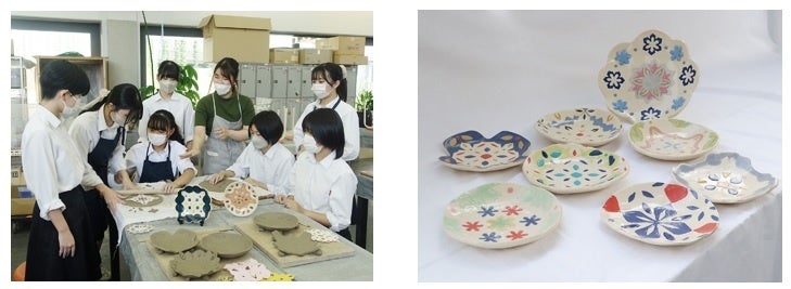 左：制作中の学生7人と指導にあたる卒業生　右：完成したトロフィー（直径約20～25cm）