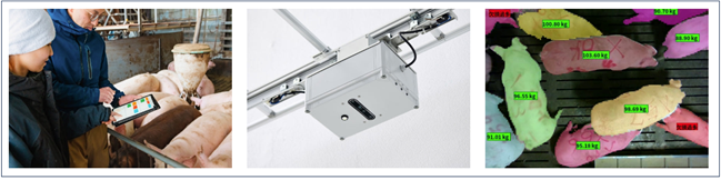 （写真左から）養豚経営支援システムPorker、ＡＩ豚カメラ（外観）、AI豚カメラ（体重推計機能）&nbsp; ＩＣＴ・ＩｏＴ・ＡＩを活用して養豚ＤＸを推進しています。養豚経営支援システム「Porker」は導入農家平均で初年度７％の生産性改善実績。