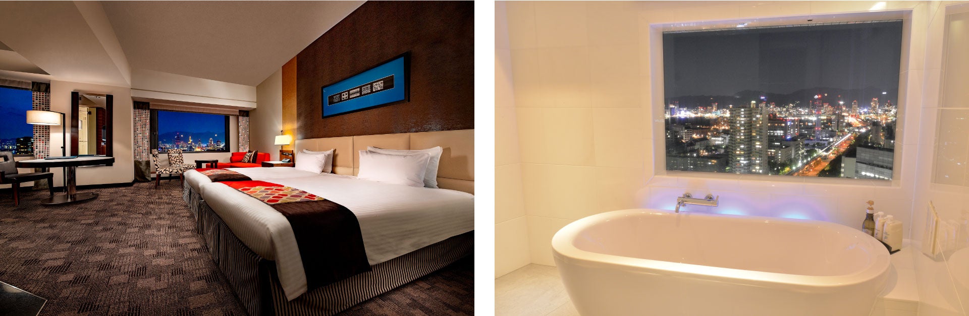 （左から）ハーバービューデラックスルーム、バスルームからの夜景 （ビューバスデラックスルーム）