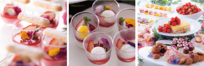 オリジナリティを加えたシャルロットフレーズ（左）、グラススイーツにアレンジしたムラング・シャンティ（中央）、焼き菓子やタルト（右）