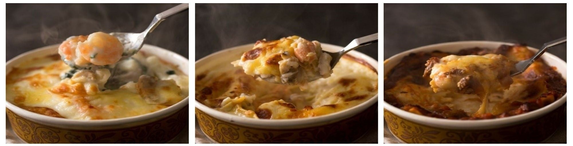 （左から）えびマカロニグラタン、シーフードラザニア、ビーフラザニア