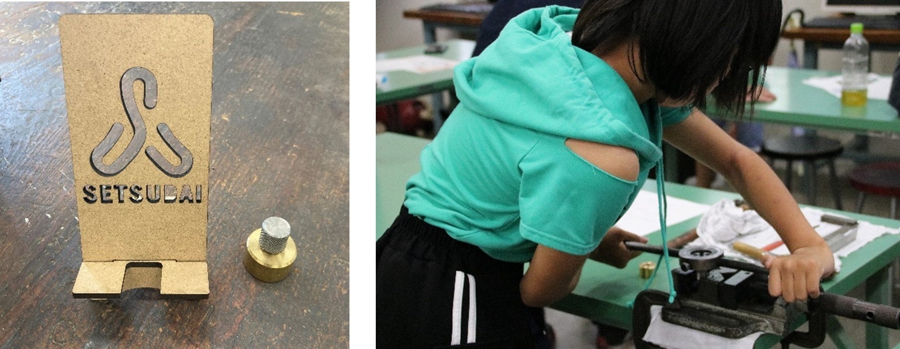 【写真 左から】スタンド（左）とペーパーウェイト（右）・工具を用いて「ねじ切り」をしている様子