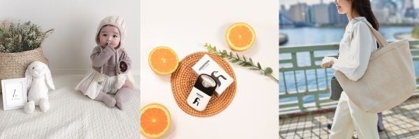 左：大人気のイブルマット、中央：日本初上陸の「HOWPAPA」、右：イブルを使ったヌビバッグ