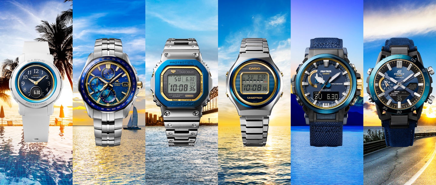 (左から)BGA-S290SS、OCW-S7000SS、GMW-B5000SS、 TRN-50SS、PRW-61SS、ECB-2000SS
