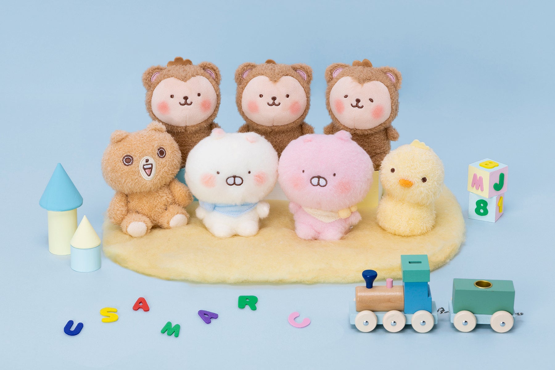 ビーンドール(おさるの3つ子セット4,290円、ぬいぐるみのくまさん1,980円、ちびちびうさまる1,760円、ちびちびうさこ1,760円、ひなのひよこ1,430円)