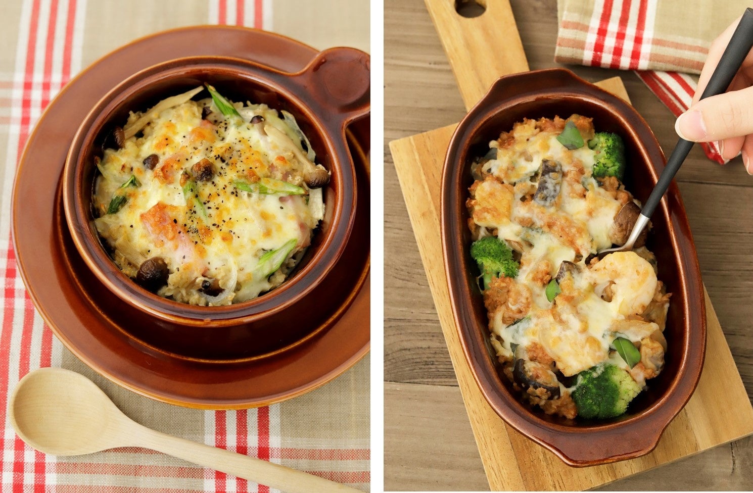 【写真】きのことベーコンのクリームオートミールドリア（左）／なすとシーフードのトマトオートミールドリア（右）