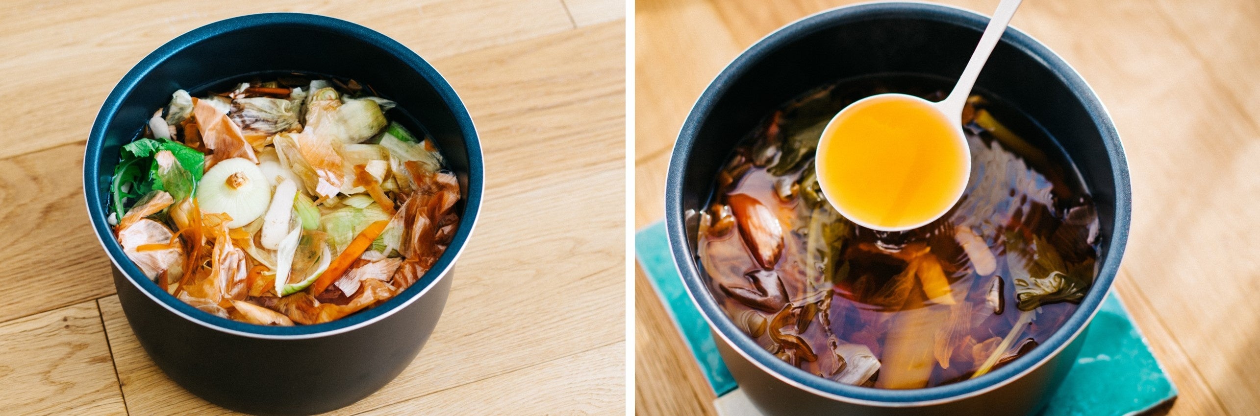 【画像】野菜の皮やすじなどで作る野菜出汁「ベジタブルブロス」