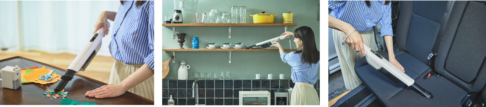 【画像左から】テーブル上のお掃除に／棚の上など高いところのお掃除に／車内のお掃除にも