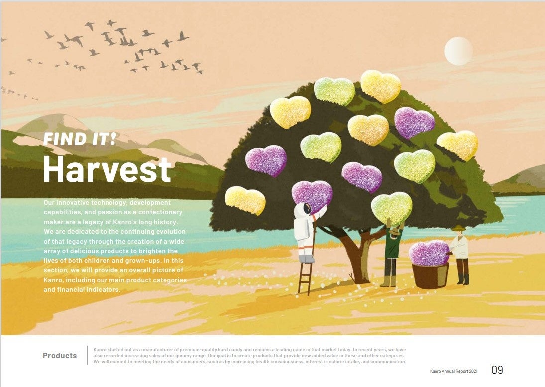 イラストと当社の商品（ピュレグミ）を融合させた扉ページ一例